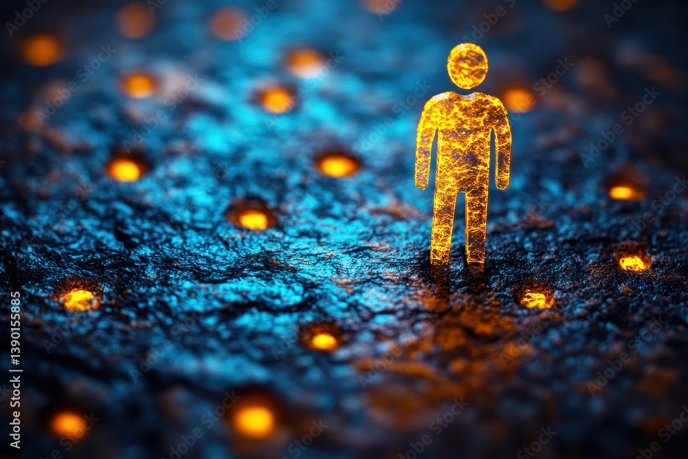 Poster glowing figure standing in a dark, textured environment with bright points of light creating a myste