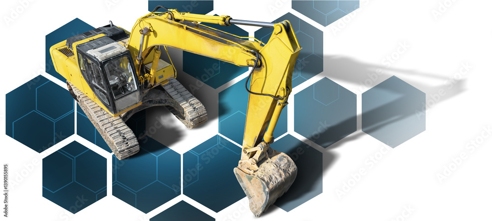 Poster a powerful excavator equipped for digging stands alone against a stylish hexagonal design, emphasizi