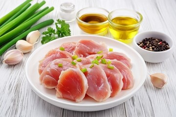 Raw chicken thighs are arranged on a white plate, surrounded by fresh ingredients