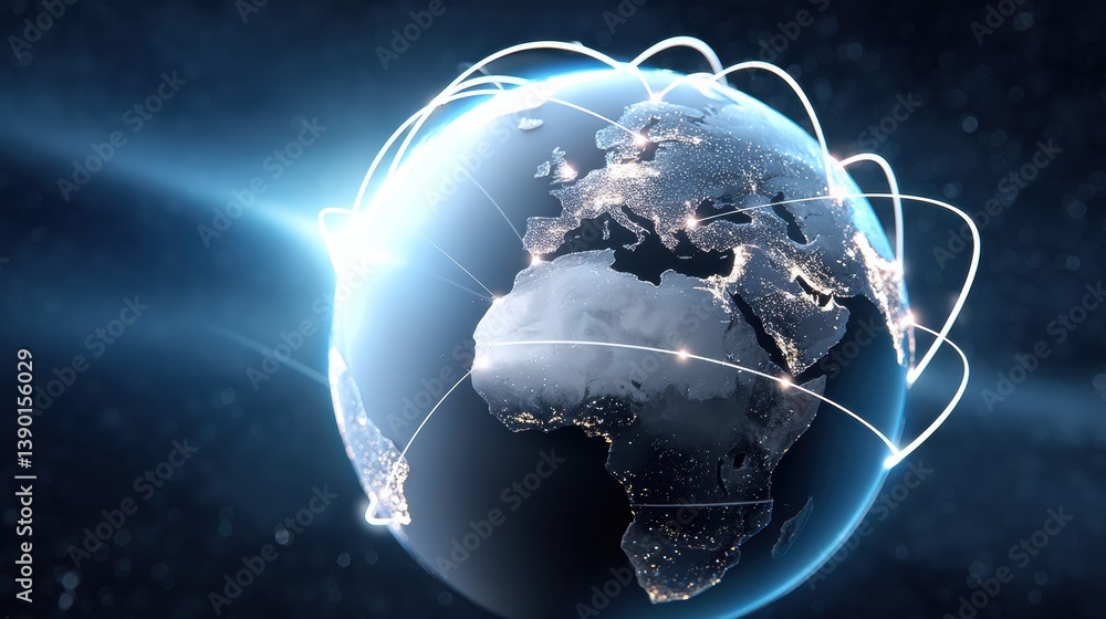 Poster a digital representation of earth showcasing interconnected global networks with illuminated contine