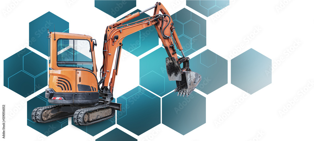 Aufkleber an excavator is isolated against a vivid geometric backdrop, highlighting its functional design and 