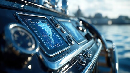 Luxury yacht navigation system close-up.  Modern displays, controls, and gauges