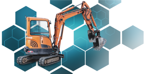An excavator is isolated against a vivid geometric backdrop, highlighting its functional design and advanced engineering for efficient construction projects.