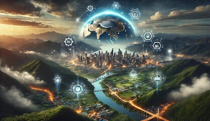 Futuristic smart city nestled in a green mountain valley, with data hubs and Earth interface above. A blend of urban development, technology, and nature at sunrise, symbolizing a connected world.