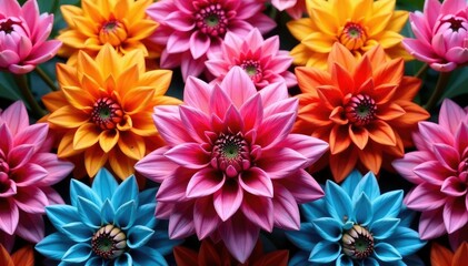 Intricate dahlia blooms in vibrant hues, forming a repeating floral pattern , design, vivid