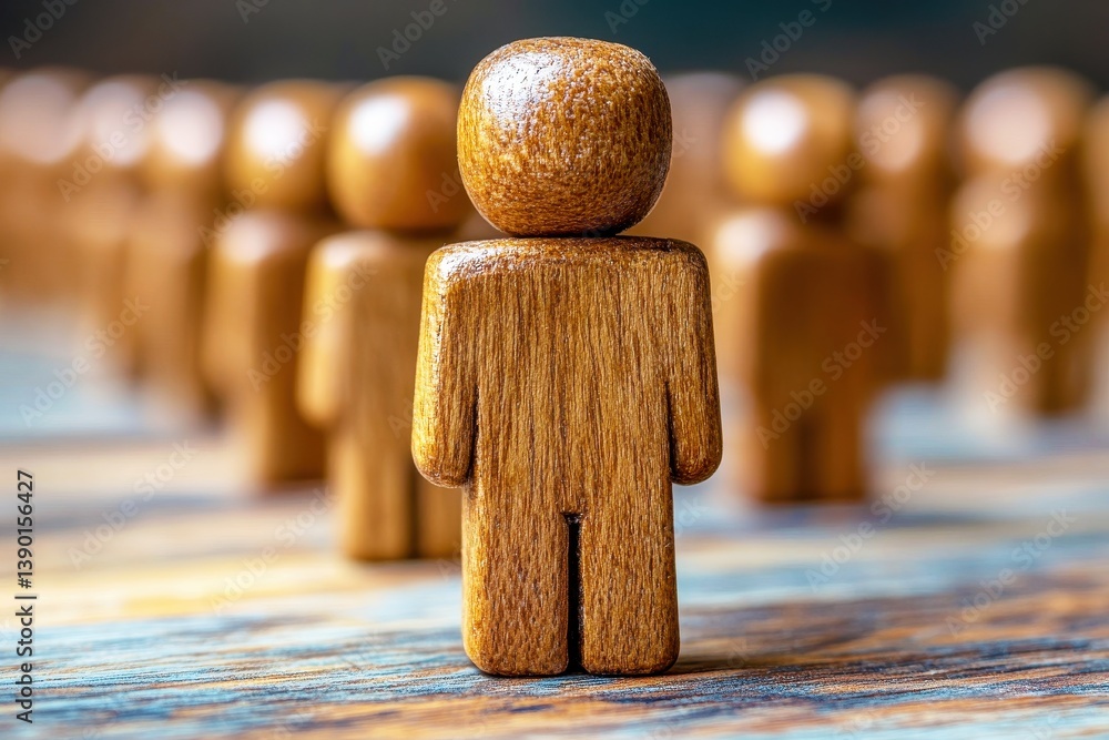 Poster wooden figures in a row with one focused character conveying unique individualism among a group on c