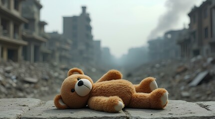 A child's toy bear lies on the ground in the street of a ruined city amidst the ruins, debris, dust, smoke after a disaster, the aftermath of war