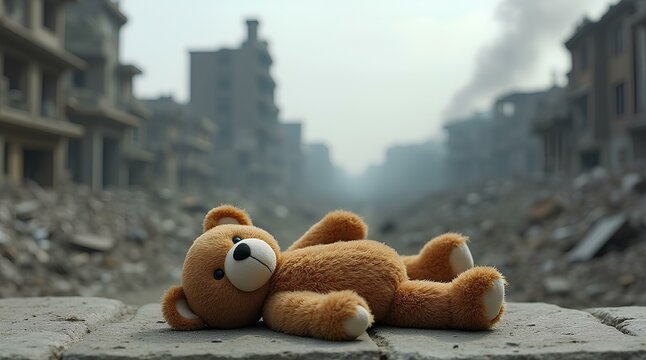 A child's toy bear lies on the ground in the street of a ruined city amidst the ruins, debris, dust, smoke after a disaster, the aftermath of war