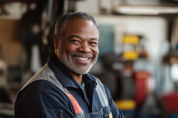 Fototapeta premium Portrait of smiling middle aged African American man in working uniform supervisor at car repair shop
