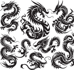 Tribal Dragon Tattoo Vector Illustration – Black Stylized Mythical Beast Design

