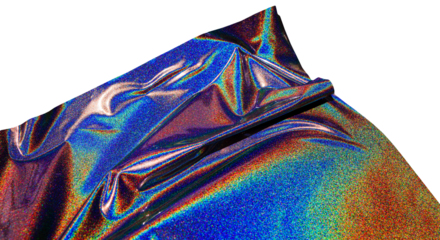 Colorful holographic fabric texture with intense rainbow reflections and metallic sheen. Wavy folds and light play on shiny glitter surface. Isolated on transparent background.