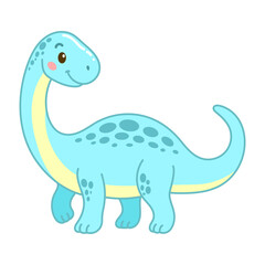Cute blue cartoon brachiosaurus dinosaur with long neck and smile