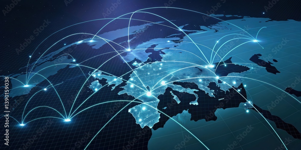 Poster a digital map illustrating global connectivity with glowing nodes and lines representing connections