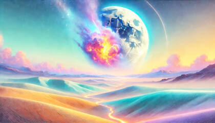 A surreal cosmic desert with colourful dunes, glowing skies, and a fiery explosion near a luminous moon.