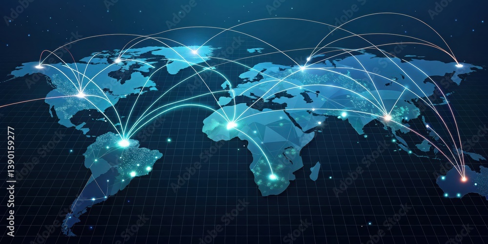 Poster a digital map of the world with glowing connections, illustrating global networks and communication 