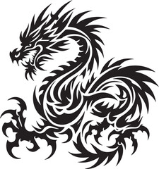 Tribal Dragon Tattoo Vector Illustration – Black Stylized Mythical Beast Design

