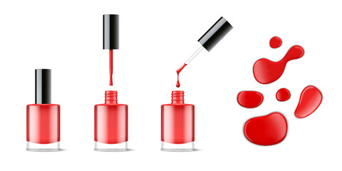 Nail polish. 3D varnish bottle. Nailpolish enamel with realistic fingernail brush. Liquid manicure cover. Cosmetic jar with lid. Red splash drop. Vector lacquer container mockups set