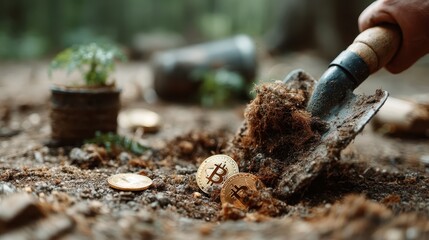 A hand digging in the soil reveals hidden Bitcoin coins, illustrating the intersection of nature and technology, representing the quest for value in the modern digital landscape.