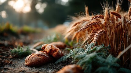 Obraz premium Loaves of bread placed on the ground with wheat fields in the background, symbolizing the connection between nature, sustenance, and human life in a serene outdoor setting.