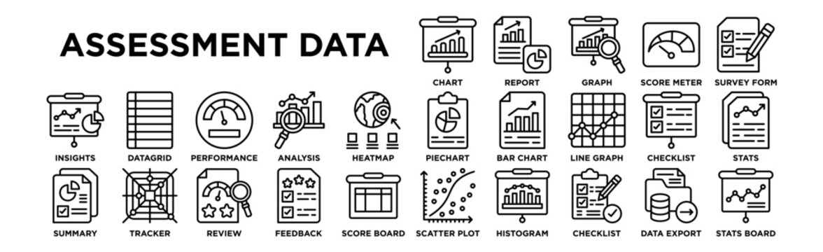 Assessment Data icon collection set. Containing design Progress Chart, Data Report, Analytics Graph, Score Meter, Survey Form