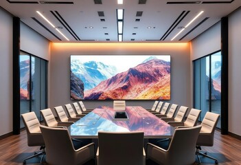 Sleek modern conference room, large screen, ready for presentation, ready, conference room