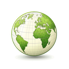 world globe illustration with green continents, isolated on white background, generative ai