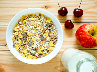 A Bowl of muesli breakfast with fresh fruits