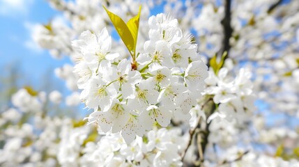 White blossoms on a tree branch against a blue sky background