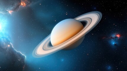 A breathtaking illustration showcases Saturn's majestic s and gaseous atmosphere against a backdrop of vibrant nebulae and distant stars in the cosmos.