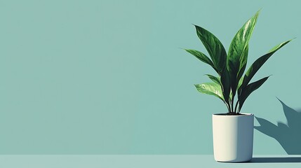 Simple plant in white pot against teal wall.