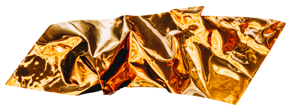 Wrinkled golden foil with ribbed glossy surface on transparent background. Abstract luxury material with light reflections and folded texture