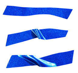 Cutout blue glitter vinyl tape shapes on transparent background. Shiny abstract strips for digital collage and modern design..