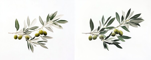 Naklejka premium Two Olive Branches with Green Leaves and Olives on White Background