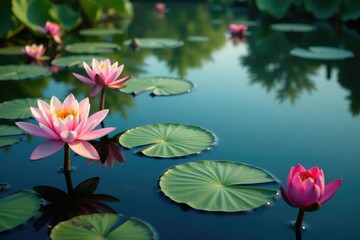 Water lilies create a floral pattern across a serene lake's surface, leaves, pretty, visual