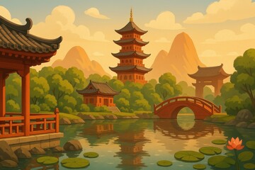Obraz premium Serene Asian Landscape with Pagoda and Reflective Water Features
