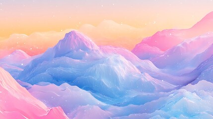 Pastel mountains, soft snow, dreamy landscape.