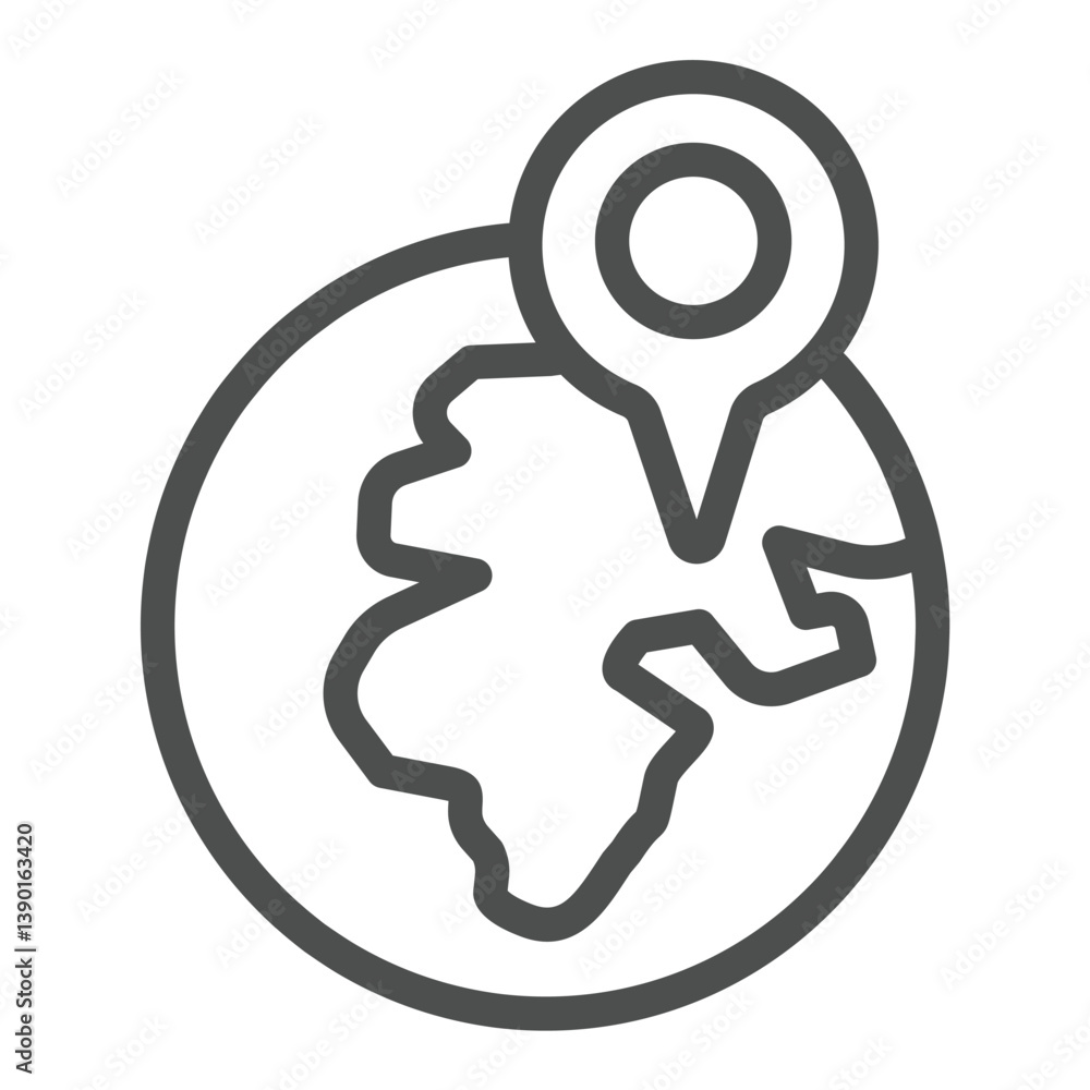 Poster earth planet with location pinpoin line icon, world globe concept. vector graphics. planet desert pl