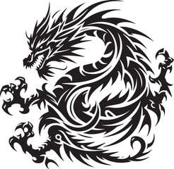 Tribal Dragon Tattoo Vector Illustration – Black Stylized Mythical Beast Design

