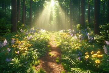 Obraz premium Sunlight streams through a vibrant forest path filled with colorful flowers