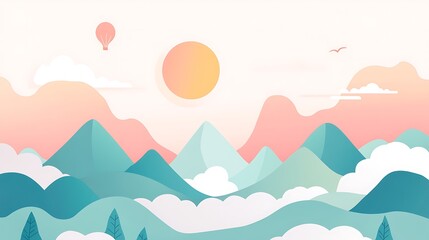 Pastel mountains, sunrise, hot air balloon, clouds, birds.