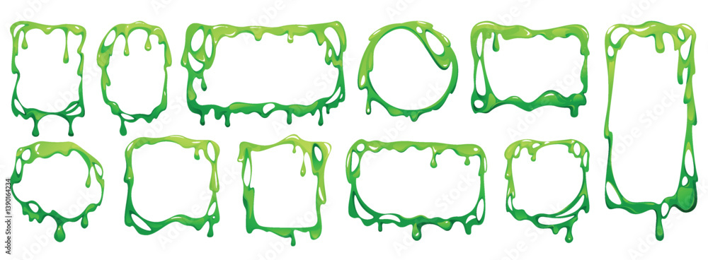 Poster Slime frame. Green spooky border, liquid splat texture or toxic square blob drip. Sticky smudge abstract graphic design, mucus splash spot. Melting jelly, vector background