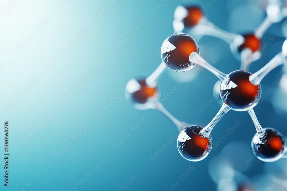 Poster detailed molecule structure with red and blue elements on a soft blue background