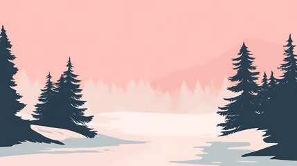 Fototapeta premium Pink winter landscape with snow-covered ground and silhouette pine trees.