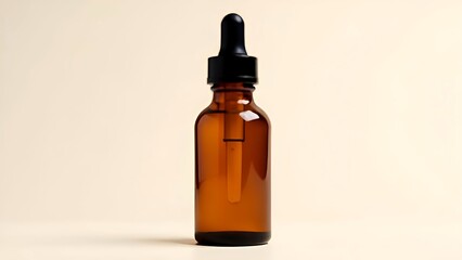 Serum bottle mock up with a dropper cap, dark brown glass. Light background. Skincare and hydration concept