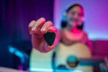Professional Musician with condenser microphone and tablet for Mixing Mastering music. Music...