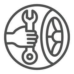 Mechanician hand at car wheel line icon, tires fitting concept. Vector graphics. Wheel and spanner in hand, service sign on white background, outline style icon for mobile or web design. © iconqueen
