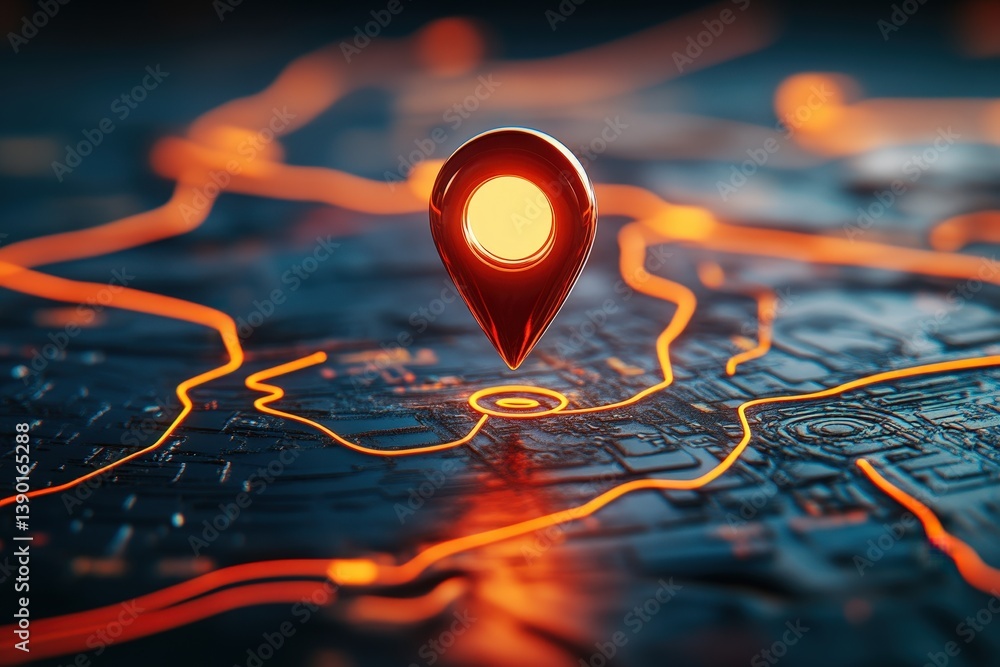 Poster illuminated map pin on dark background with orange lines