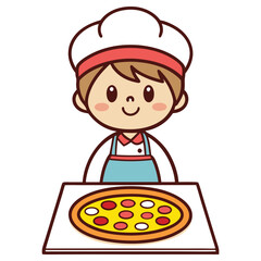 Cartoon Chef with Pizza on Box, Isolated, Cute Illustration, Happy Character