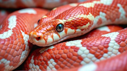 Obraz premium Close-up of Red and White Snake Coiled with Detailed Eye and Scales