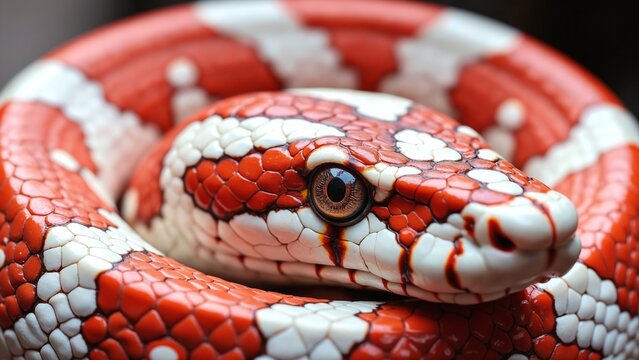 Close-up of Red and White Snake Coiled with Detailed Eye and Scales
